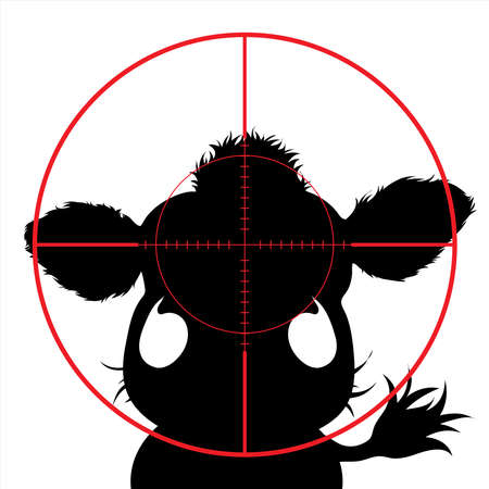 Vector silhouette of cow in rifle sight on slaughterhouse. The farm creatures in focus.のイラスト素材