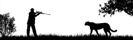 Vector silhouette of poacher hunting cheetah in wild nature. Symbol of animal and Africa.のイラスト素材