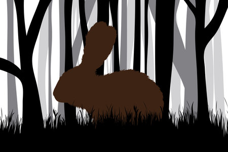 Vector silhouette of forest black and white with hare. Symbol of animal and hunt.のイラスト素材