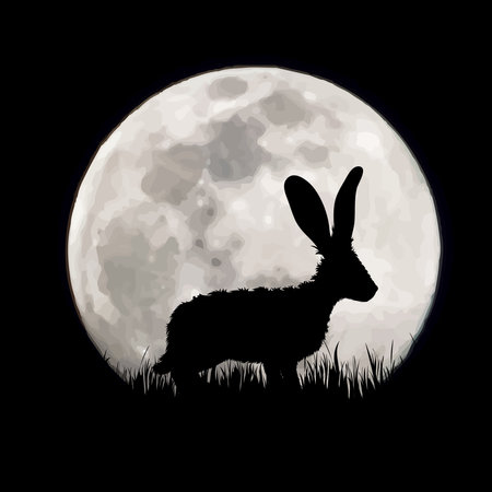 Vector silhouette of hare on moon background. Symbol of night and field animals.のイラスト素材