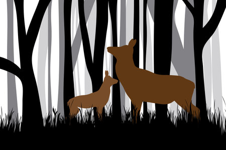 Vector silhouette of forest black and white with hind and baby. Symbol of animal and hunt.のイラスト素材