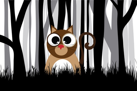 Vector silhouette of forest black and white with cat. Symbol of animal and hunt.のイラスト素材