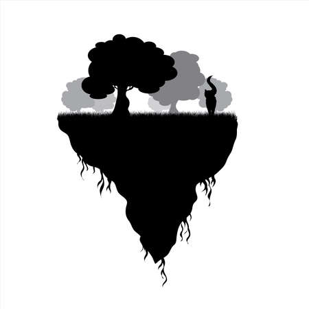 Vector silhouette of piece of land with trees and cat on white background. Symbol of nature and planet.のイラスト素材