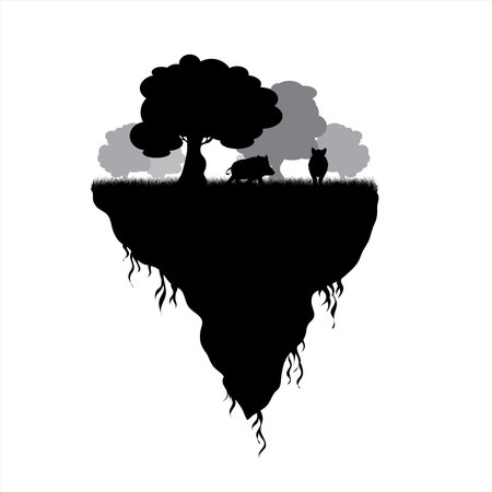Vector silhouette of piece of land with trees and wild boar on white background. Symbol of nature and planet.のイラスト素材