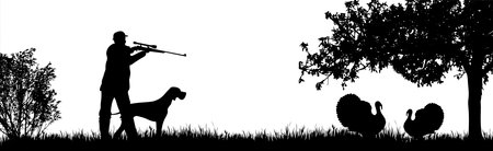 Vector silhouette of hunter with dog hunting turkey in forest. Symbol of animal and nature.のイラスト素材