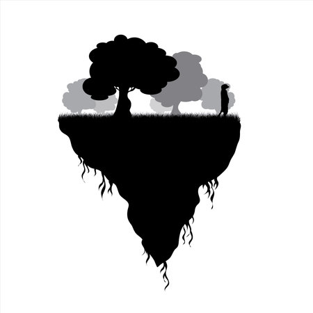 Vector silhouette of piece of land with trees and meerkat on white background. Symbol of nature and planet.のイラスト素材