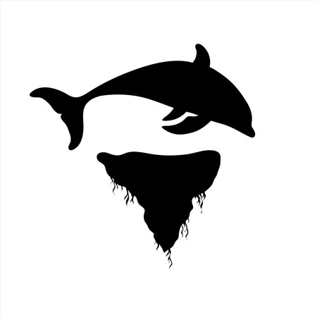Vector silhouette of piece of land with jumping dolphin on white background. Symbol of nature and planet.のイラスト素材