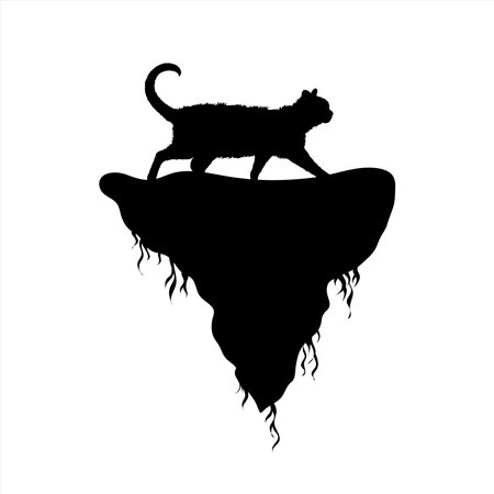 Vector silhouette of piece of land with cat on white background. Symbol of nature and planet.のイラスト素材