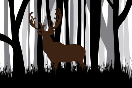 Vector silhouette of forest black and white with deer. Symbol of animal and hunt.のイラスト素材