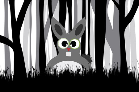 Vector silhouette of forest black and white with hare. Symbol of animal and hunt.のイラスト素材