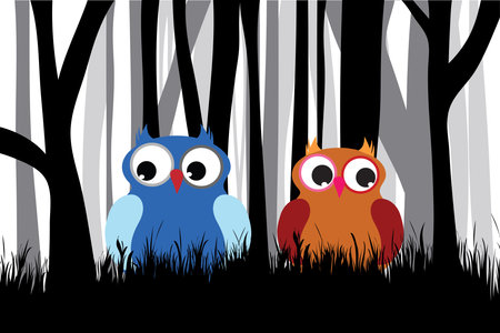 Vector silhouette of forest black and white with owls. Symbol of animal.のイラスト素材