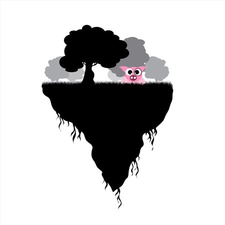 Vector silhouette of piece of land with trees and pig on white background. Symbol of nature and planet.のイラスト素材