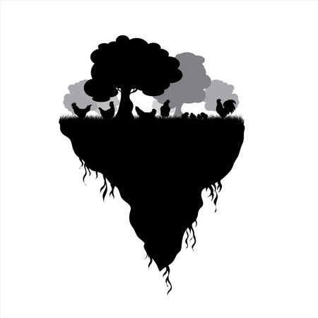 Vector silhouette of piece of land with trees and poultry on white background. Symbol of nature and planet.のイラスト素材