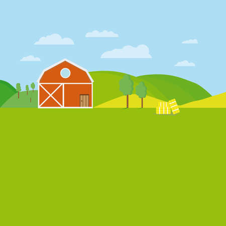 Flat Farm With Trees, Meadow, Sky And Cloudsのイラスト素材