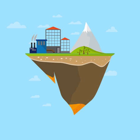 Flaying Island Concept With Factory And Mountain, Ecology Conceptのイラスト素材