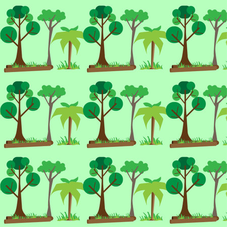 Cartoon tree style seamless pattern, palm tree, grass and wood plank. For fabric, scrapbooking,...