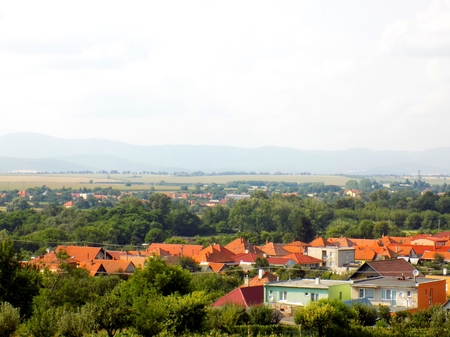 Countryside landscape, village, forest and fieldsの写真素材