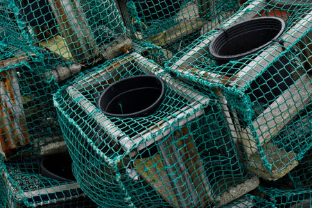 Fishing traps forming geometric figures, stacked in the port of Ribadesella, in Asturiasの写真素材