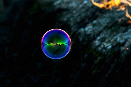 Iridescent Soap Bubble Floating Against a Dark Background. A reflection inside a soap bubble. The...
