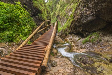 Hiking trail leading through a wooden bridge leading through the gorge over the streamの写真素材