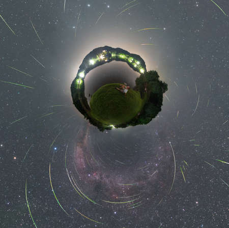 360 degrees panorama of the night sky with the Milky Way and the meteor swarm Perseids 2021. Mini planetの写真素材