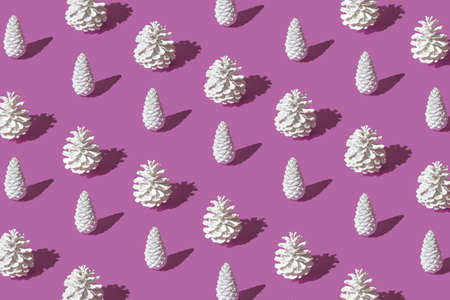 Christmas pattern. White pine cones on the purple background. Minimal concept.の写真素材