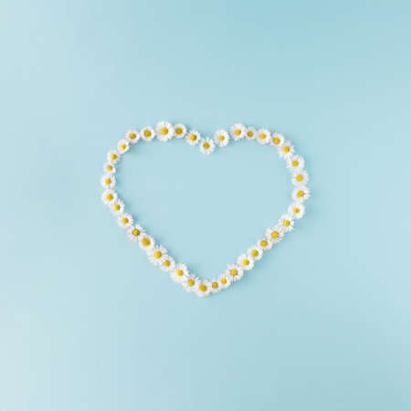 Heart - shaped dandelions and daisies on blue background. Spring and summer background.の写真素材