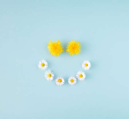 Spring background with smiley made of yellow dandelions and daisies on blue background.の写真素材