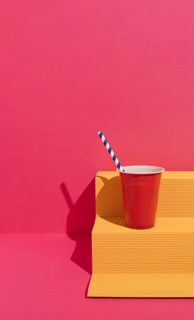 Yellow paper podium with red plastic cup and paper straw on magenta background. Minimal concept.の写真素材
