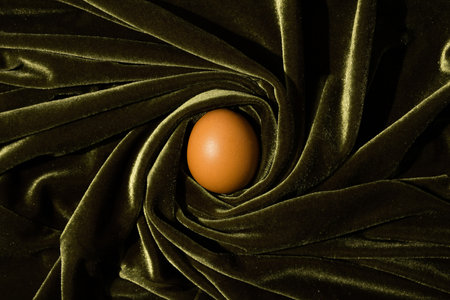 Fresh egg wrapped in green plush. Minimal concept. Flat lay.の写真素材
