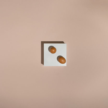 Two fresh brown chicken eggs on white rectangle stand on beige background. Minimal food concept. Flat lay.の写真素材