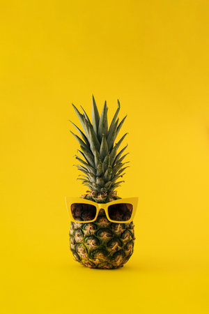 Fresh pineapple with sunglasses on yellow background. Minimal summer furit concept.の写真素材