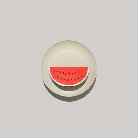 Slice of rubber watermelon on plate. Minimal summer fruit concept.の写真素材
