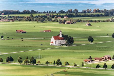 Germany, Munich - September 06, 2013. View of the Bavarian rural valley from above. German lakes from above. Rural landscape in autumn.のeditorial素材