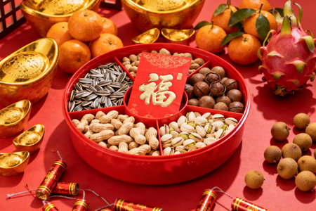 Chinese New Year decoration in red box with gold ingots, nuts, fruits and vegetables.の素材