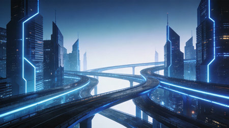 Highway in modern city with glowing blue lights. 3D renderingの素材