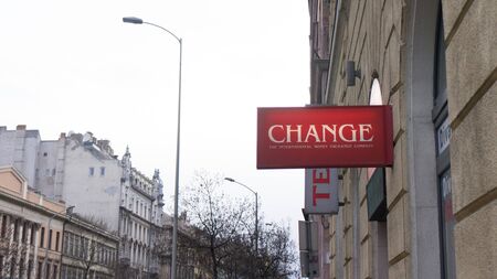 Budapest Hungary 03 15 2019 Travel currency exchange counter service. Money exchange shop in Budapest for visitor and touristのeditorial素材