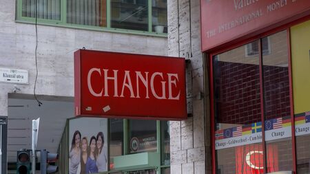 Budapest Hungary 03 15 2019 Travel currency exchange counter service. Money exchange shop in Budapest for visitor and touristのeditorial素材