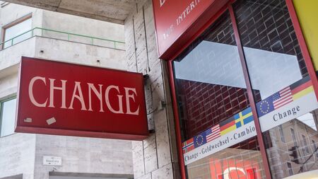 Budapest Hungary 03 15 2019 Travel currency exchange counter service. Money exchange shop in Budapest for visitor and touristのeditorial素材