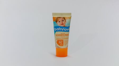 Nagybajcs, Hungary 09.18.2019 BABYLOVE sonnencreme very strong sun cream for children . Isolated on white backgroundのeditorial素材