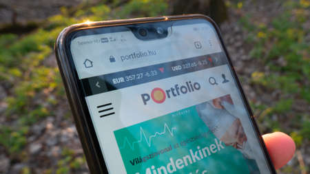 Gyor Hungary 04 26 2020: Portfolio.hu - Online business newspaper. Portfolio.hu is an online financial newspaper in Hungary with a user count of one million per month as of 2018.のeditorial素材