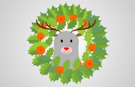 Red- cheerful and kind like a deer with a wreath around his neck with a mane. And for a snack Mandarin.のイラスト素材