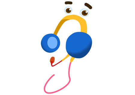 A Cute Blue Yellow Cartoon Earphones. Earphones are a small piece of equipment which you wear over or inside your ears so that you can listen to music, the radio, or your phone without anyone else heaのイラスト素材