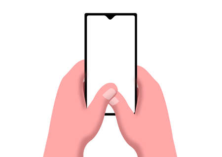Hand holding a phone in two hands isolated on white