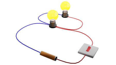 A parallel circuit in 3D rendering. A parallel circuit has two or more paths for current to flow through. Voltage is the same across each component of the parallel circuit.の写真素材