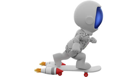 3D Cartoon Astronaut Running with Skateboard. An astronaut is a person trained, equipped, and deployed by a human spaceflight program to serve as a commander or crew member aboard a spacecraft.の写真素材