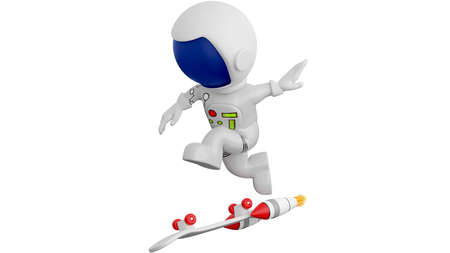 3D Rendering Cartoon Astronaut Doing A Flip Trick Skateboard. A skateboard is a type of sports equipment used for skateboarding.の写真素材