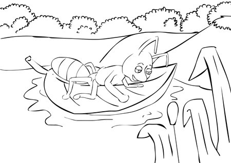 An Ant Reaching out a leaf in the river A Coloring Page. Ants are common insects, but they have some unique capabilities. More than 10,000 known ant species occur around the world.のイラスト素材