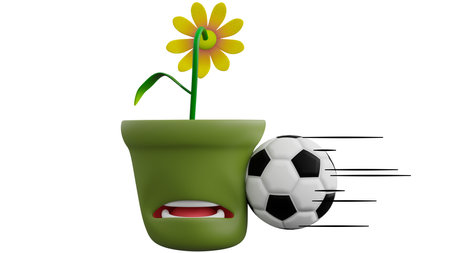 A 3d Illustration of A Cartoon of Flowerpot Being Hit by A Soccer Ball. Flowerpot is a container, usually made of clay or plastic, in which a plant is grownの写真素材