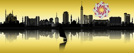 Cairo skyline depicting landmarks and down town and reflections on the Nile.